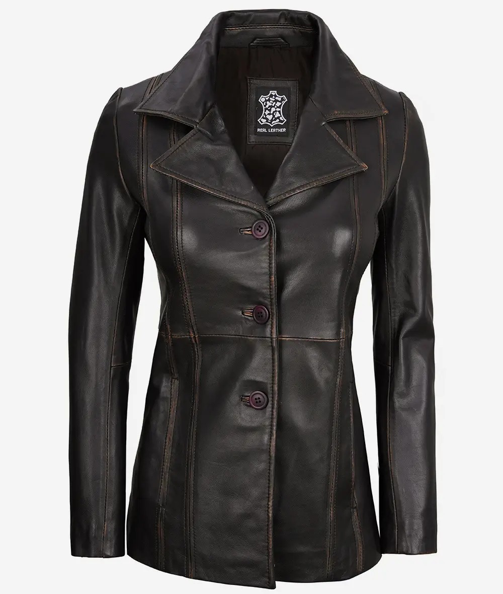 Women's Three Button Distressed Brown Leather Blazer - Image 4