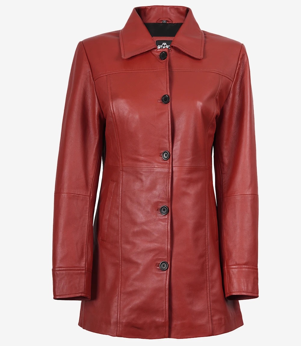 Womens Real Lambskin Leather Red Car Coat - Image 4