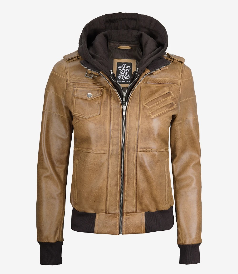 Womens Camel Brown Hooded Bomber Leather Jacket - Image 5