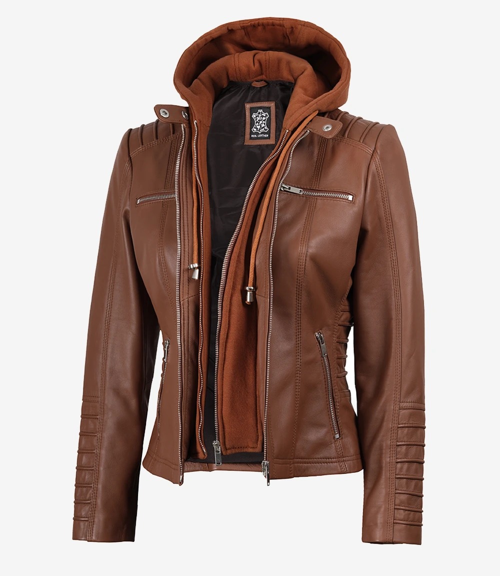 Helen Womens Cognac Leather Jacket with Removable Hood - Image 3