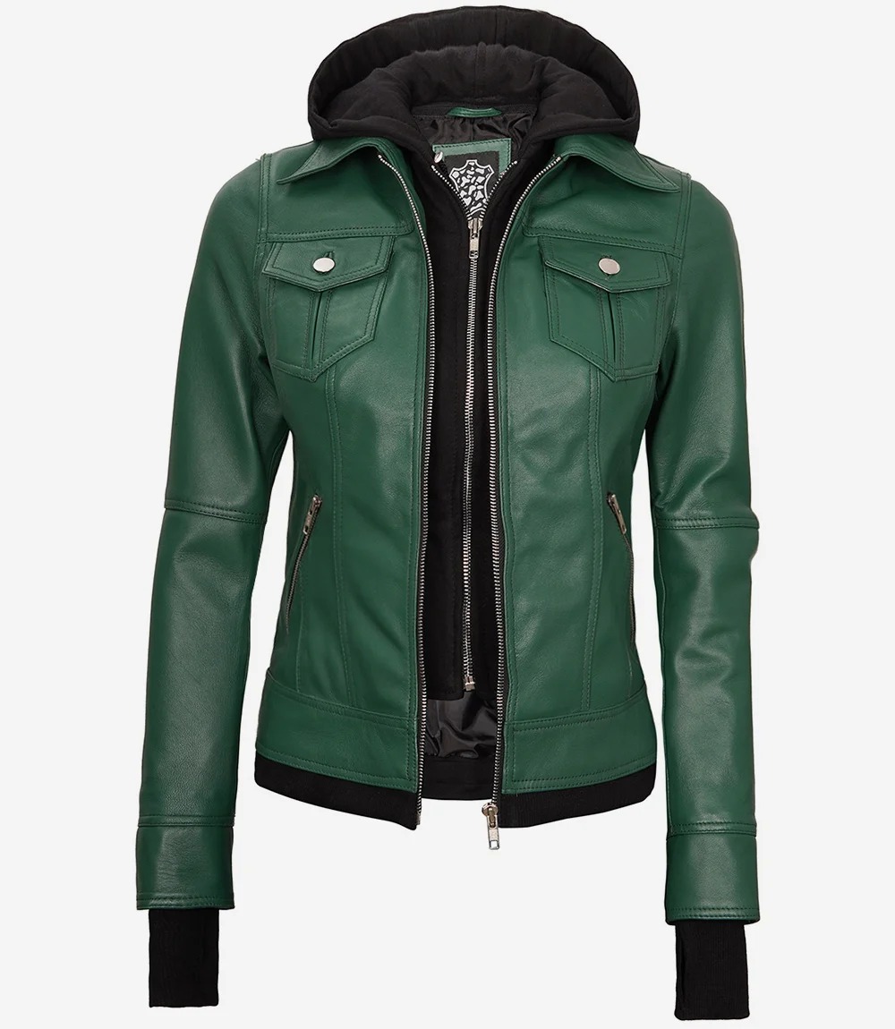 Womens Green Bomber Leather Jacket with Removable Hood - Image 4