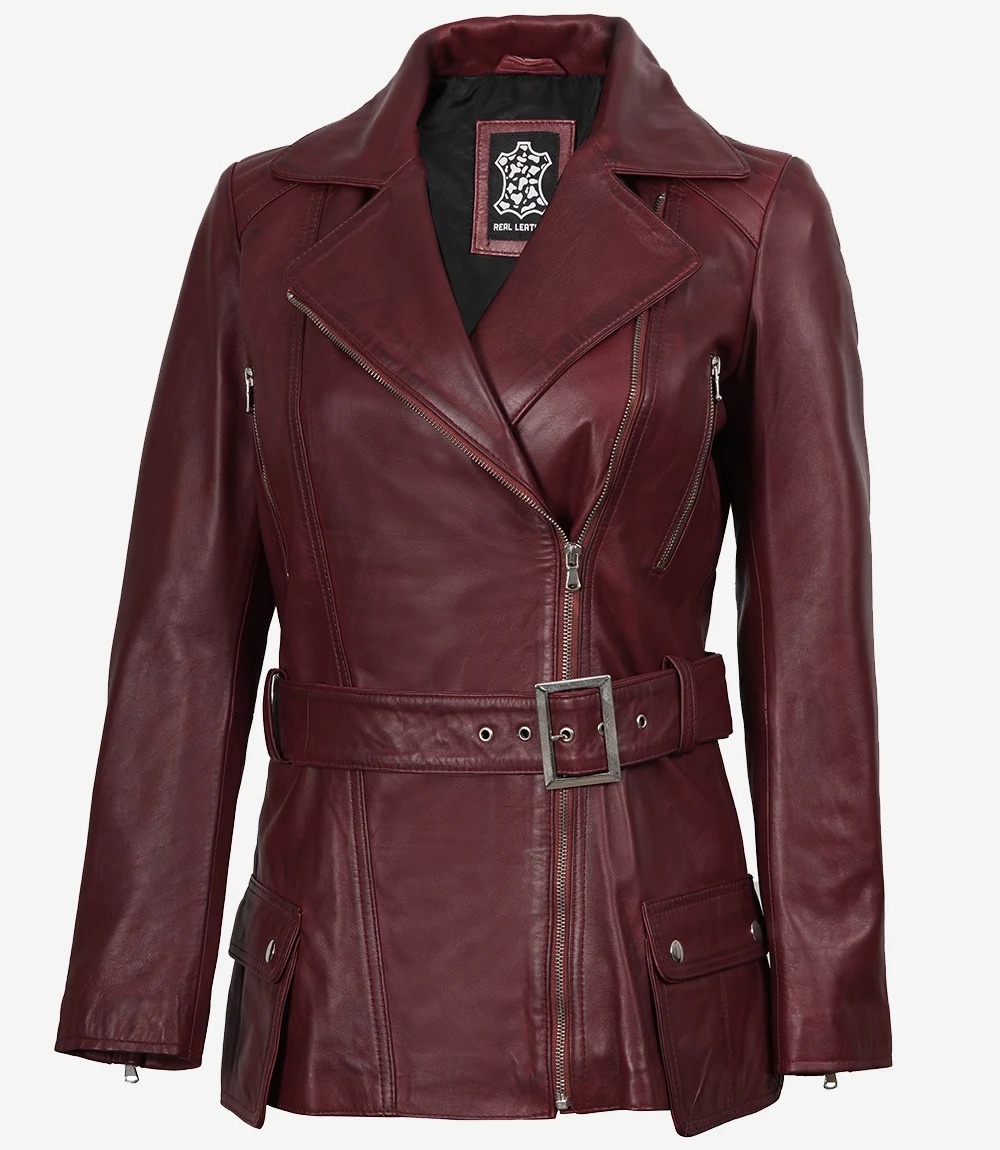 Women's Asymmetrical Maroon Belted Moto Leather Jacket - Image 3