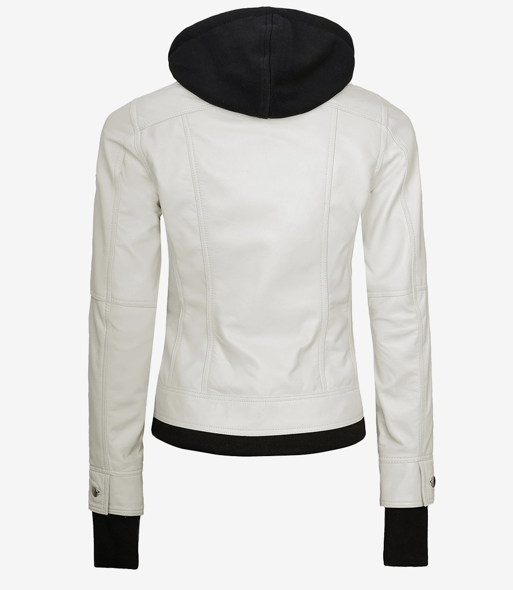 Womens Off White Bomber Leather Jacket with Removable Hood - Image 6