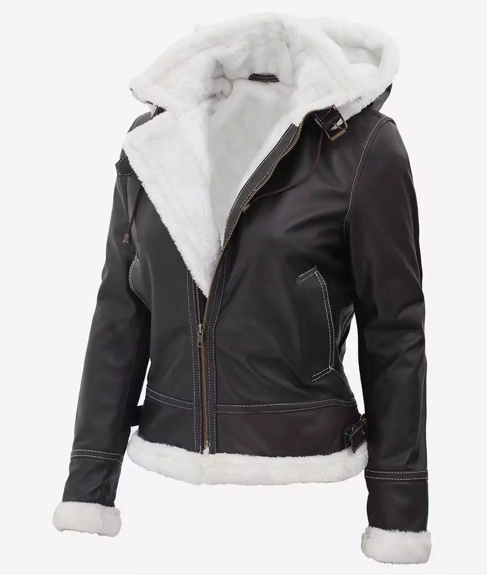 Women's Mary B3 Hooded Dark Brown Shearling Leather Jacket - Image 3