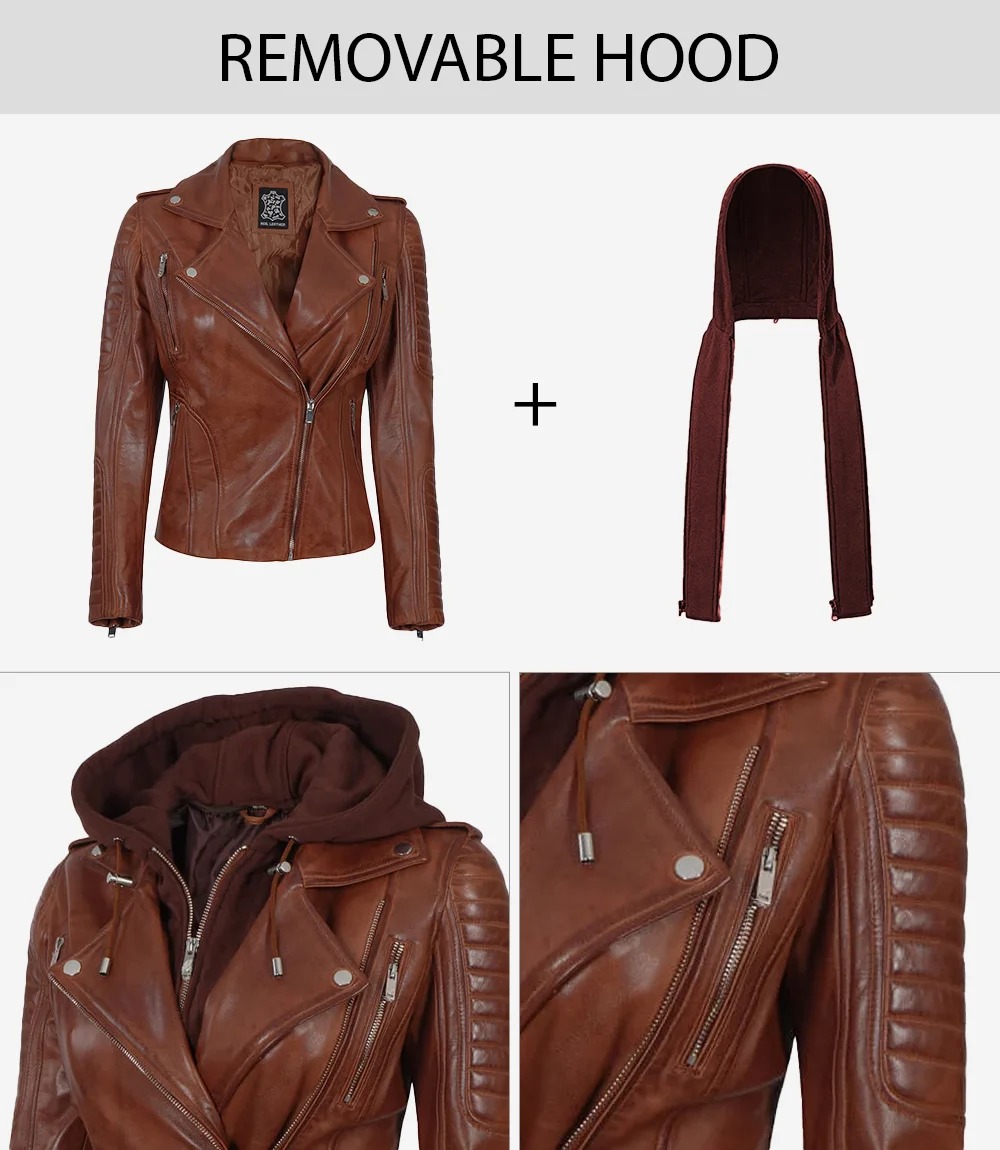 Women's Cognac Motorcycle Leather Jacket with Removable Hood - Image 4