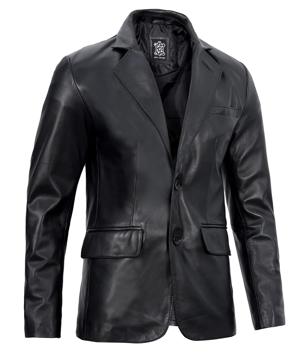 Mens Two Button Notch Lapel Black Leather Blazer - Image 4
