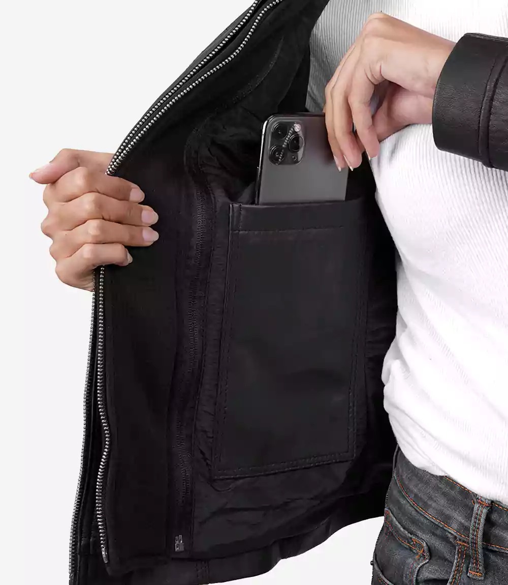 Women's Black Leather Jacket with Removable Hood - Image 4