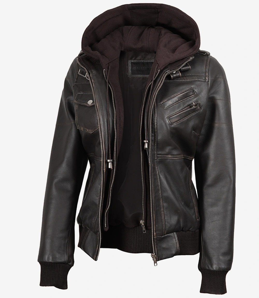 Womens Distressed Brown Hooded Bomber Leather Jacket - Image 4