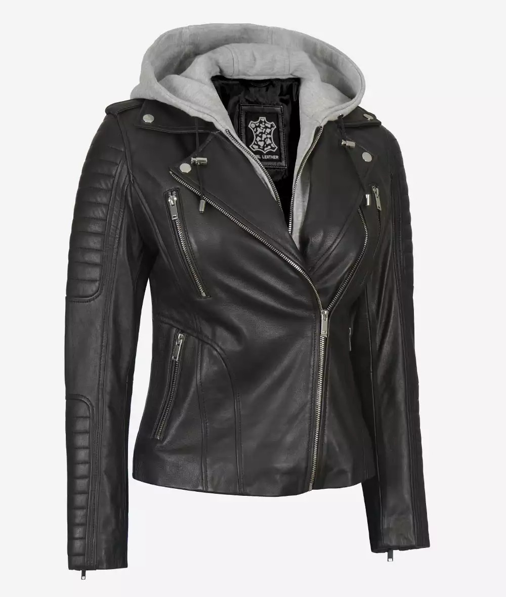 Womens Moto Black Leather Jacket with Hood - Image 4