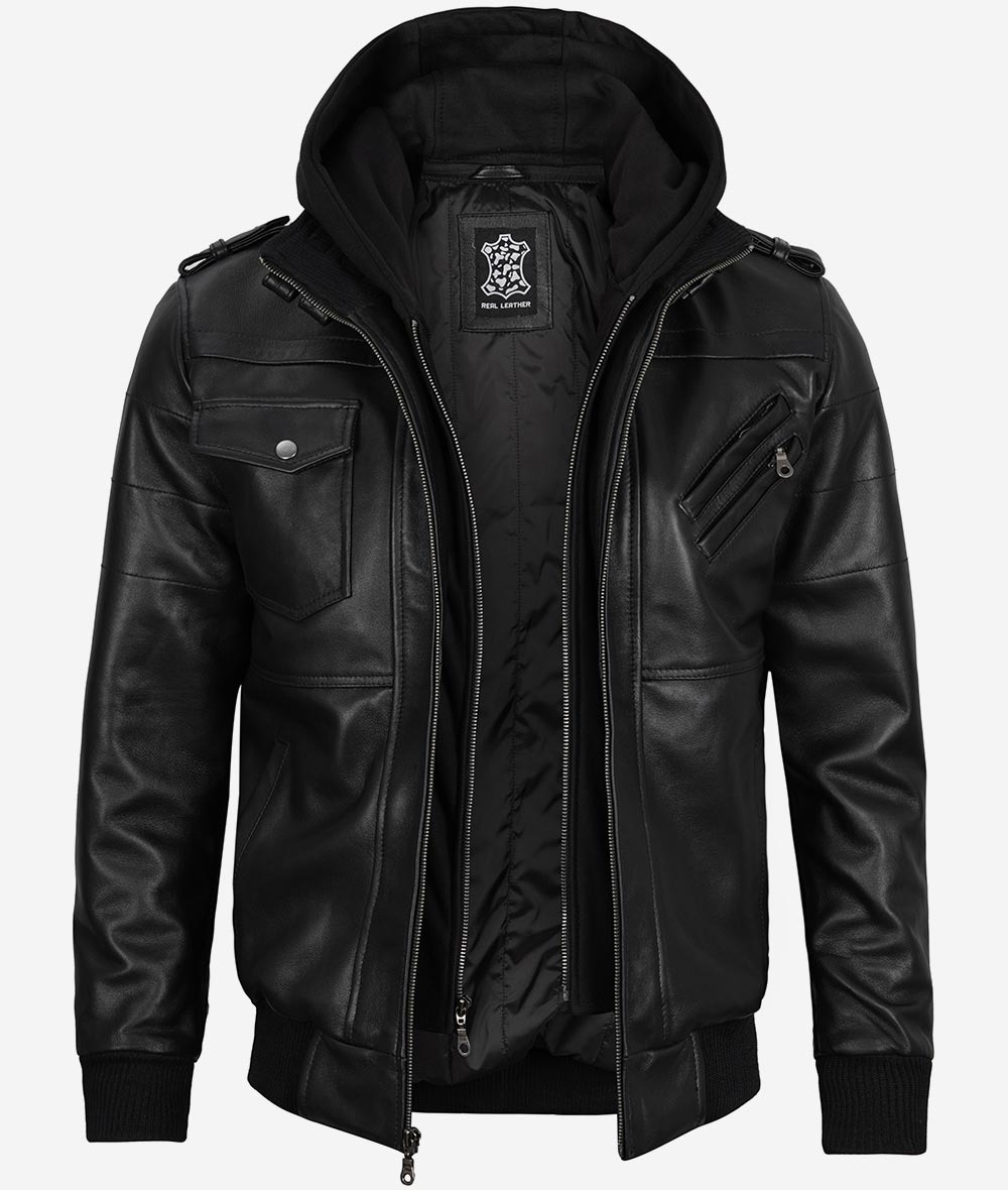 Mens Black Leather Bomber Jacket with Removable Hood - Image 3