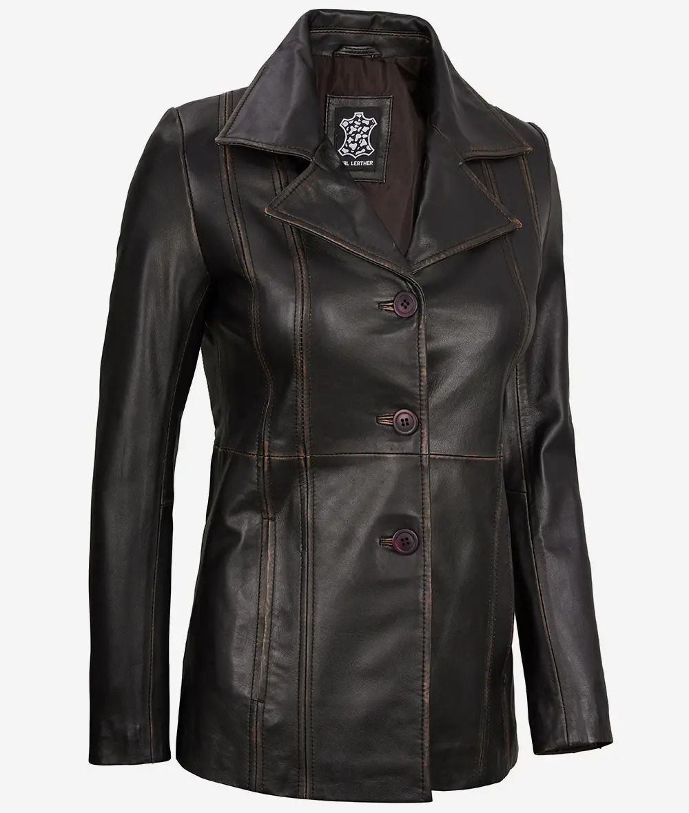 Women's Three Button Distressed Brown Leather Blazer - Image 5