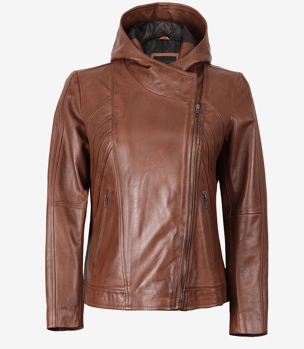 Womens Asymmetrical Brown Moto Leather Jacket with Hood - Image 5