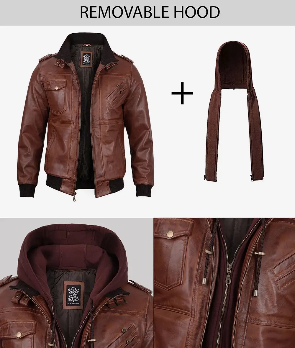 Mens Cognac Leather Bomber Jacket With Removable Hood - Image 6