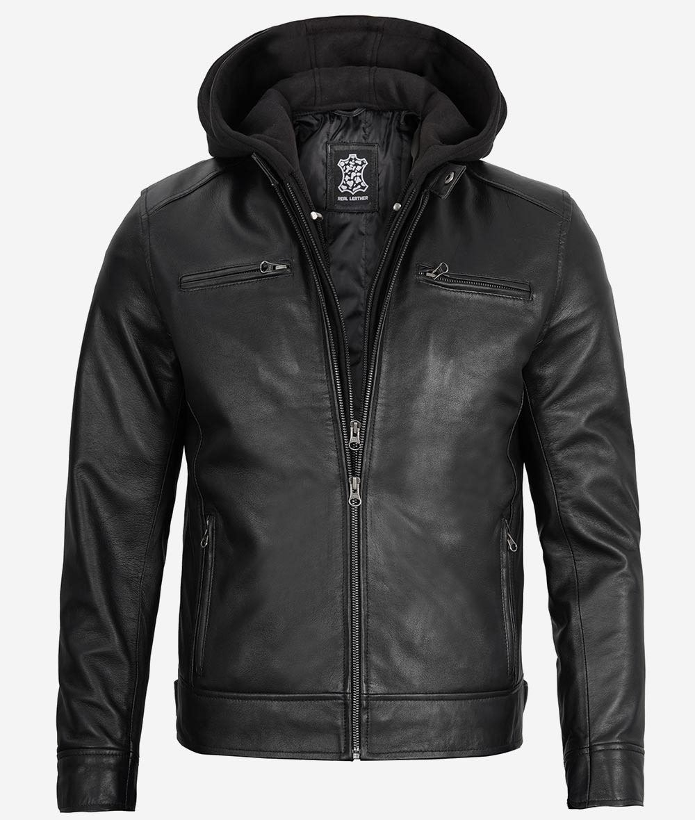 Men's Black Leather Jacket with Removable Hood - Image 6