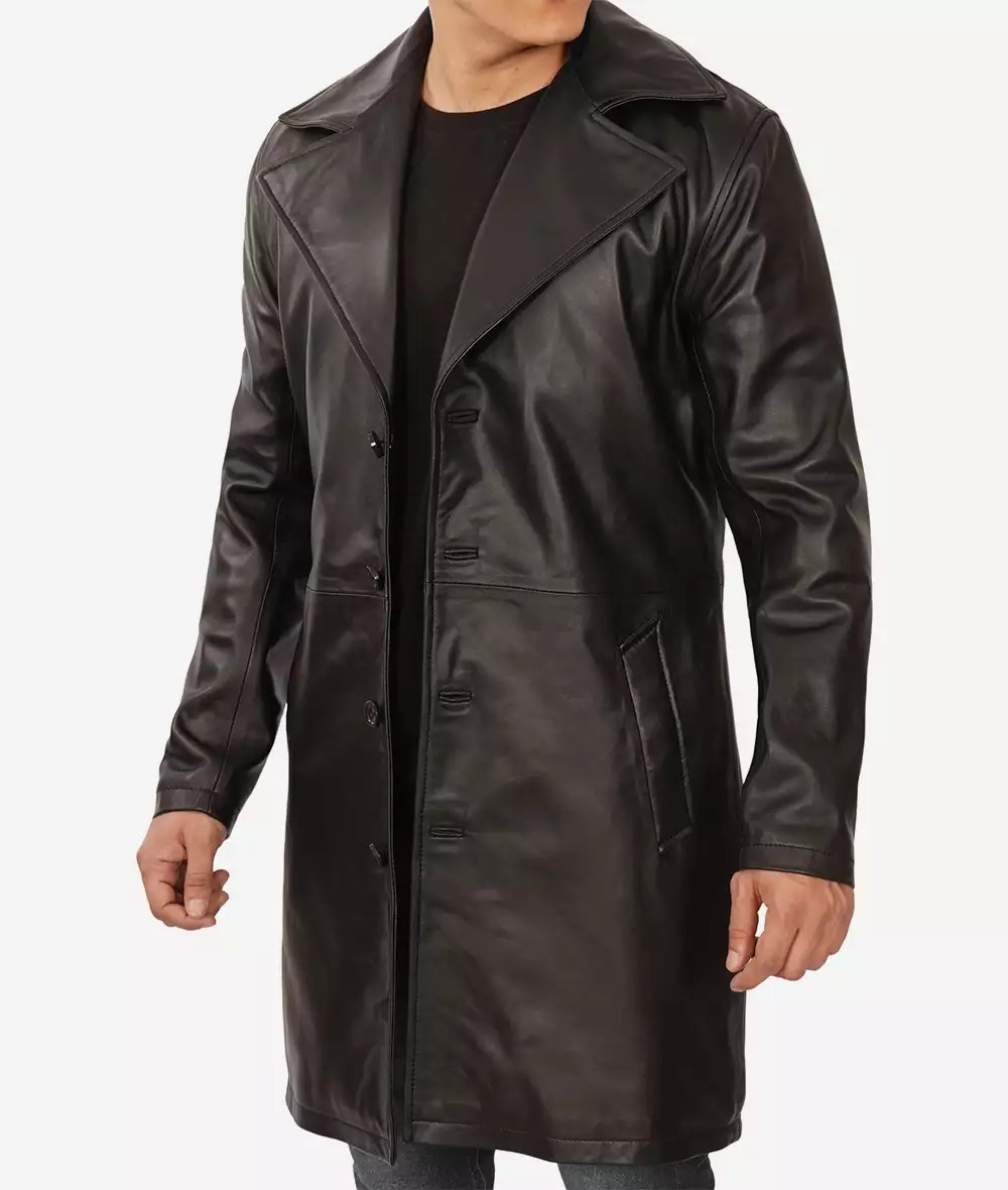 Men's 3/4 Length Black Lambskin Leather Coat - Image 3