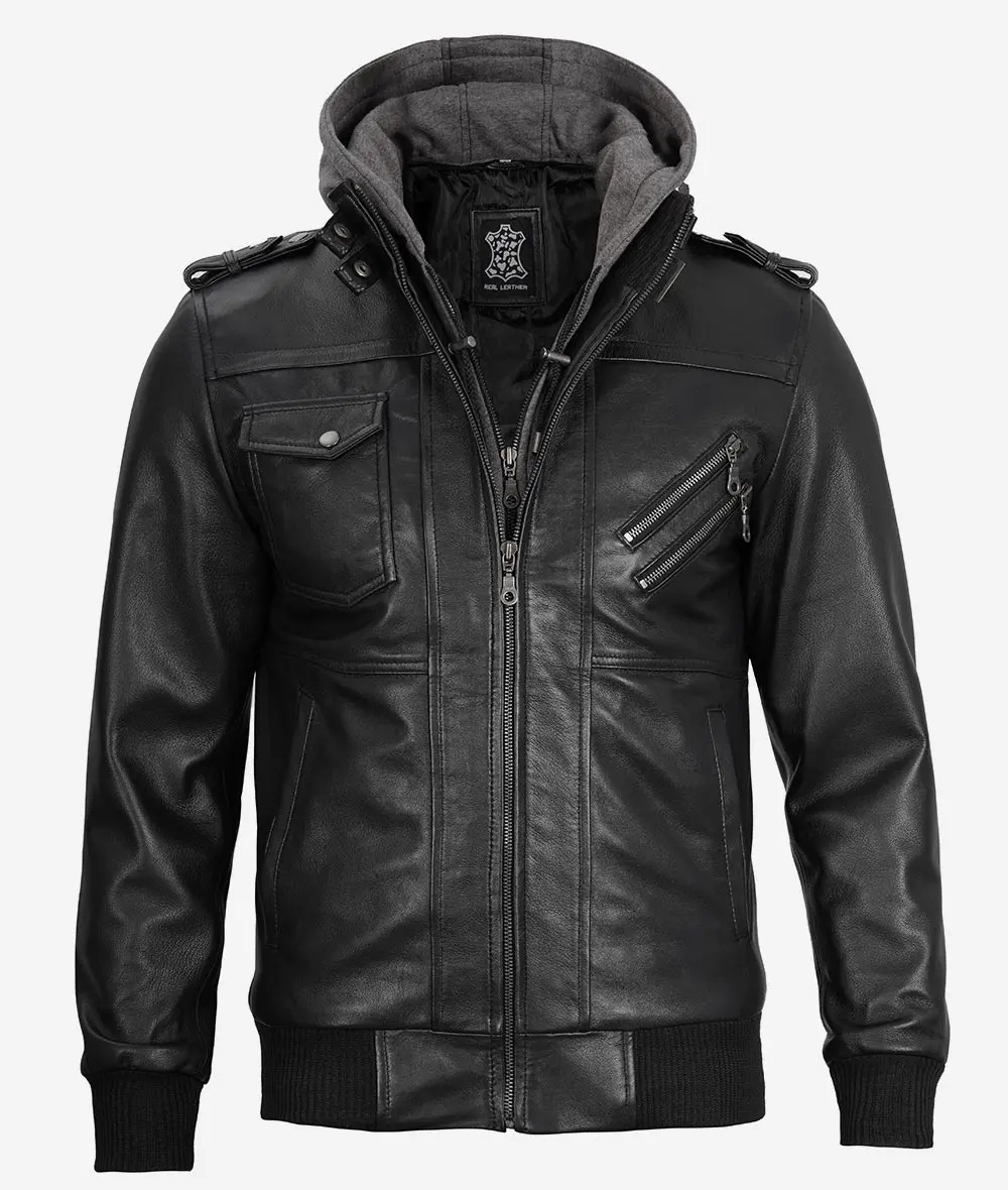 Men's Black Leather Jacket with Grey Removable Hood - Image 6