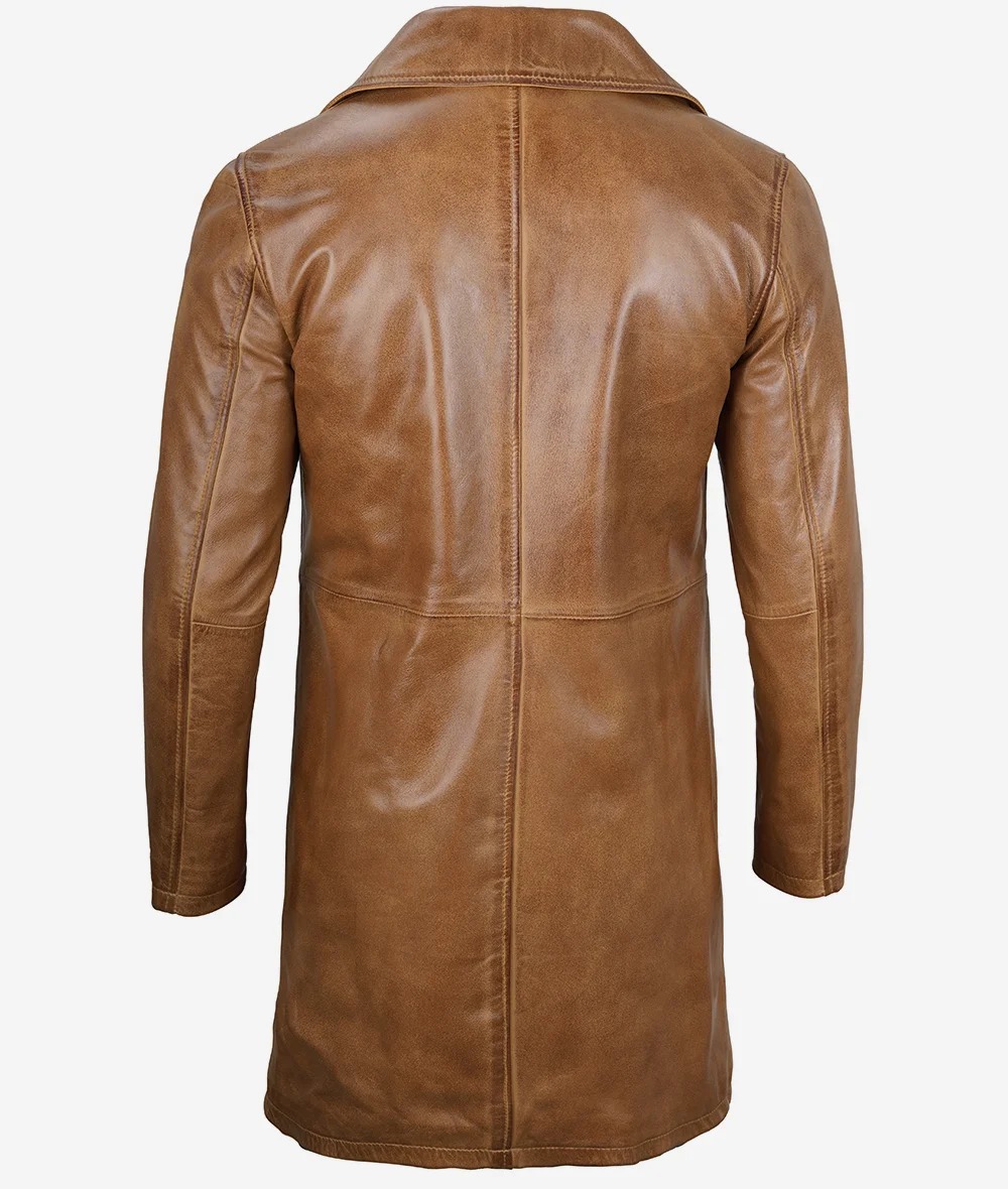 Mens Real Leather 3/4 Length Camel Brown Coat - Image 6