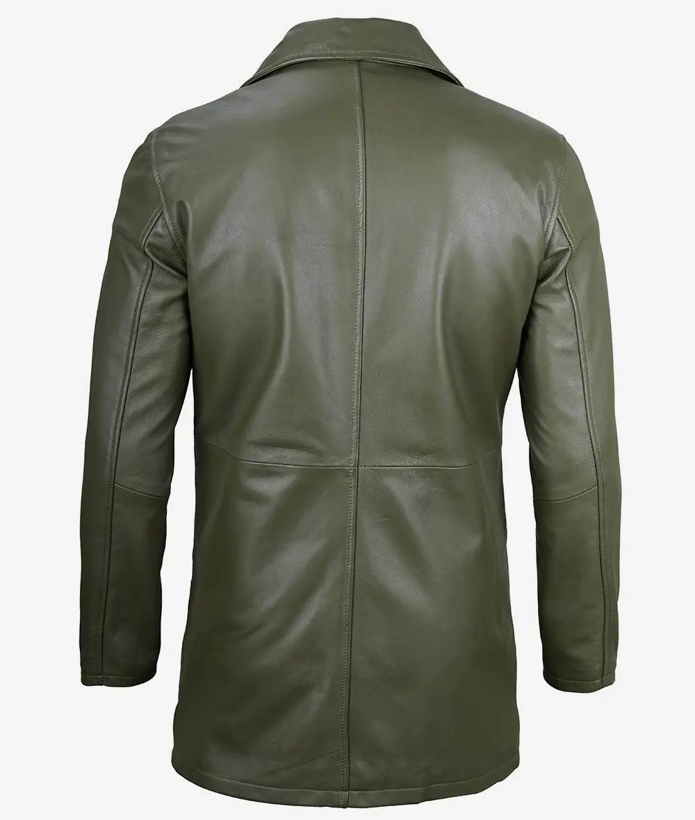 Men's Olive Green 3/4 Length Leather Car Coat - Image 6