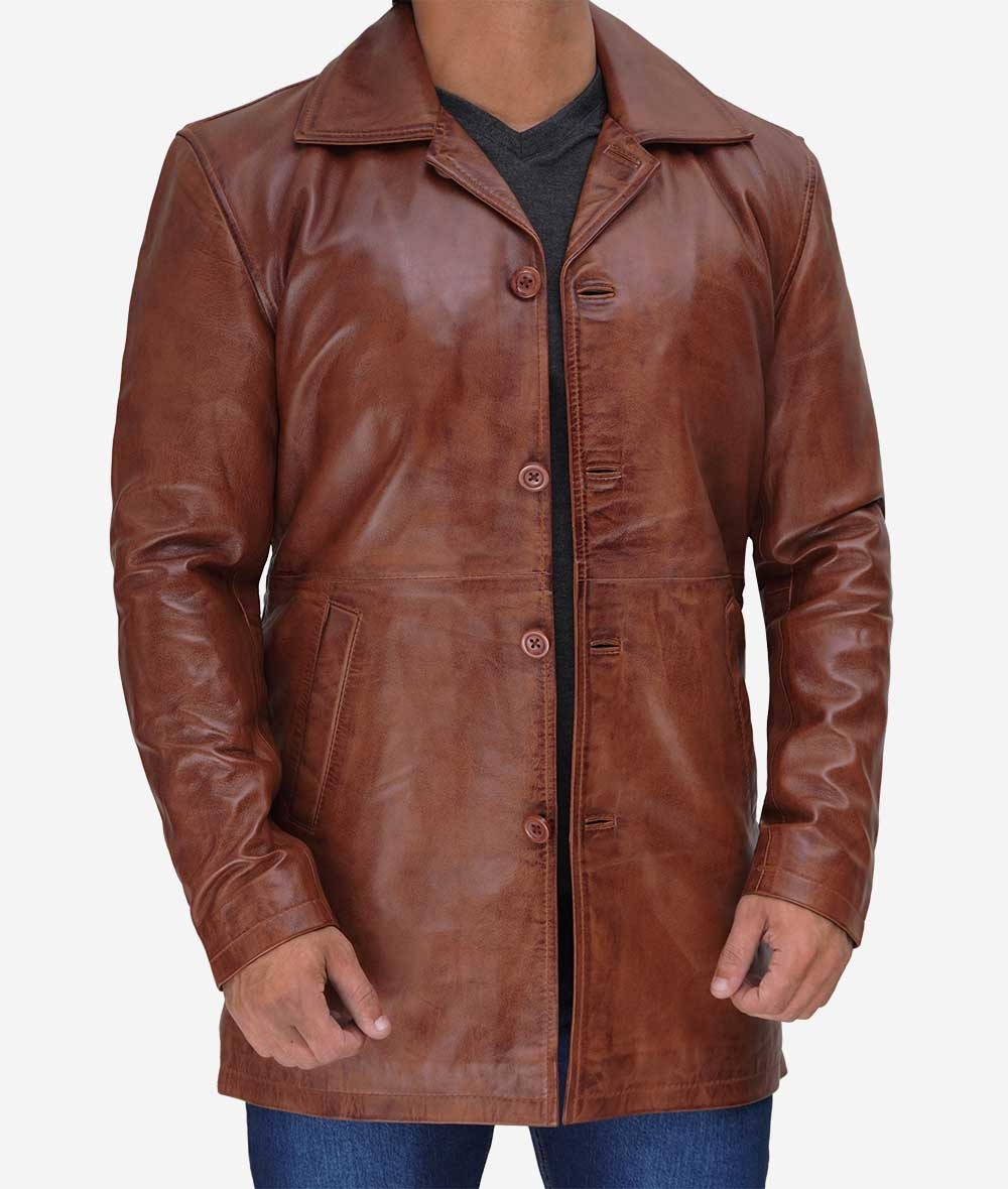 Men's Real Leather Button Down Cognac Car Coat - Image 5