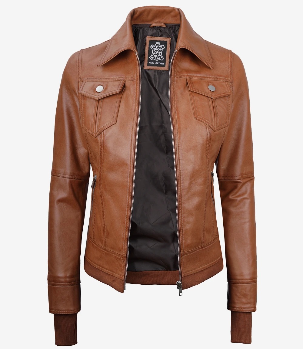 Tralee Women's Tan Waxed Bomber Leather Jacket With Detachable Hood - Image 5