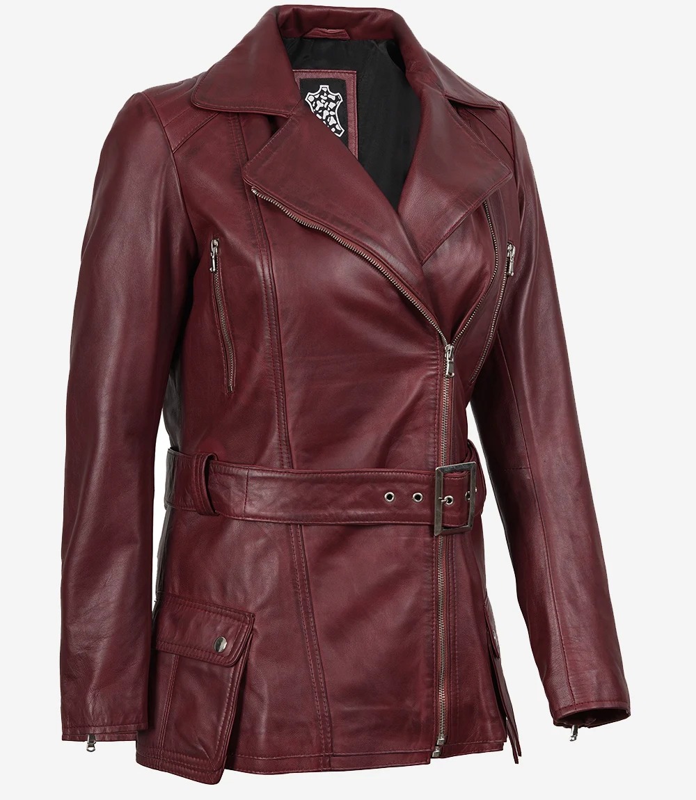 Women's Asymmetrical Maroon Belted Moto Leather Jacket - Image 4