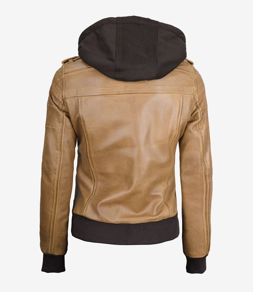 Womens Camel Brown Hooded Bomber Leather Jacket - Image 6
