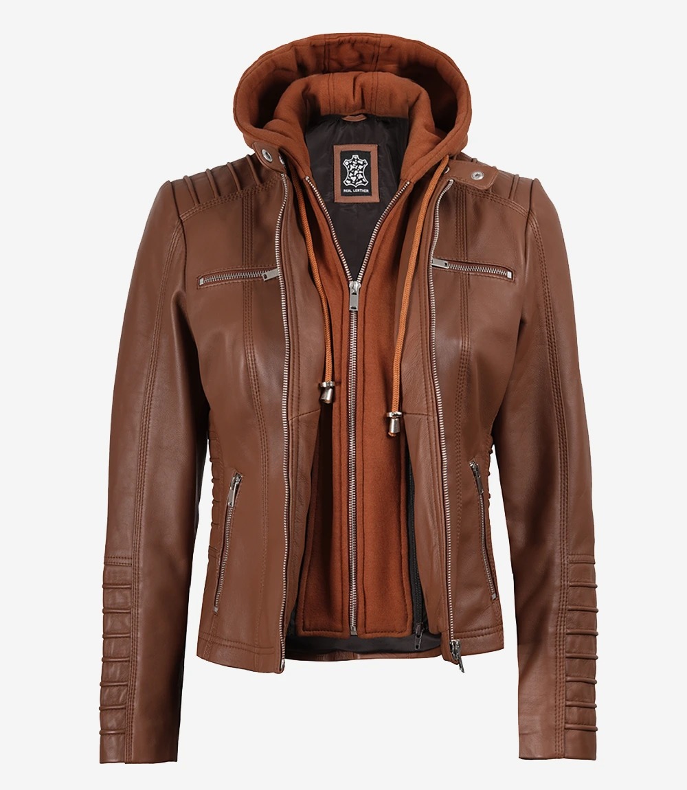 Helen Womens Cognac Leather Jacket with Removable Hood - Image 4