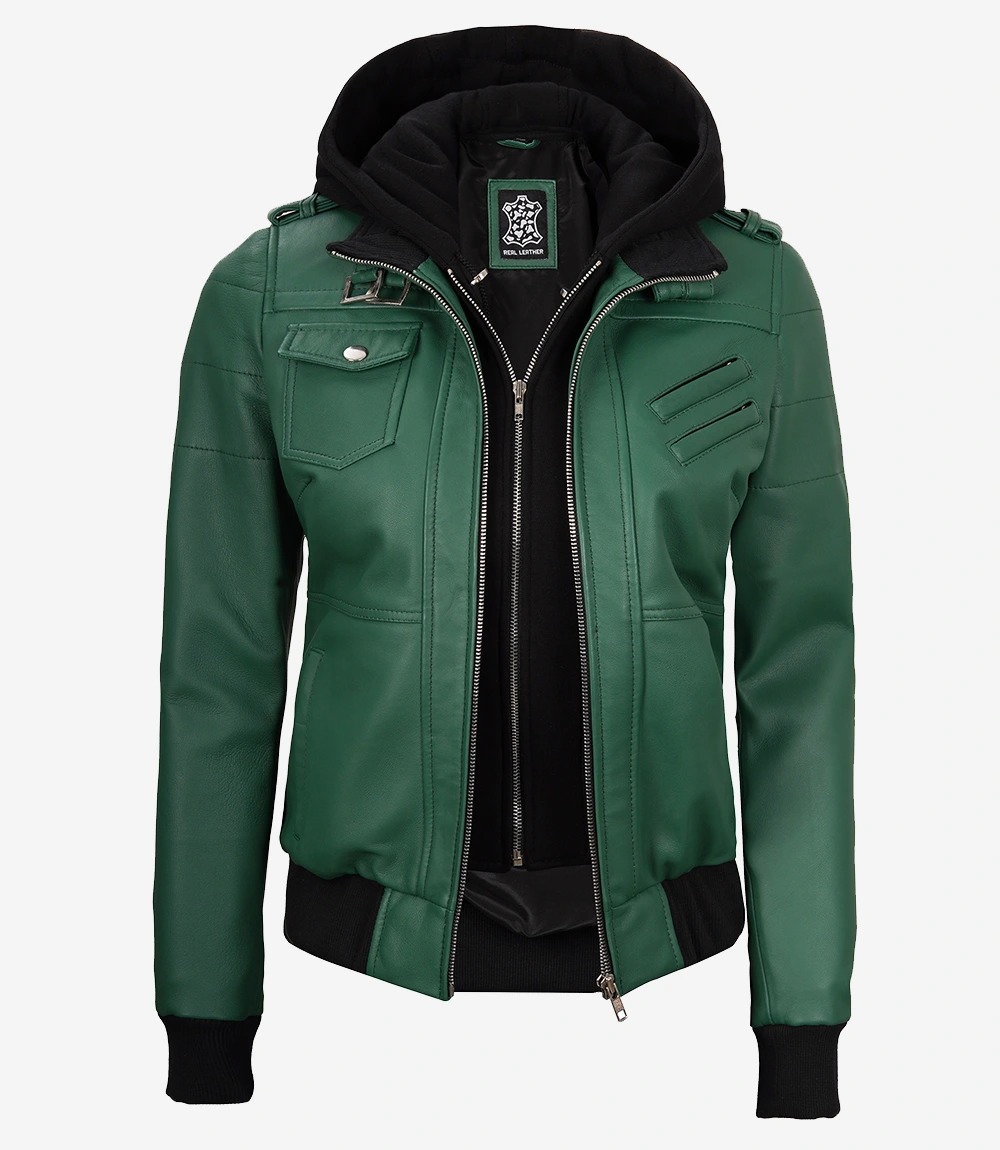 Womens Green Hooded Bomber Leather Jacket - Image 4