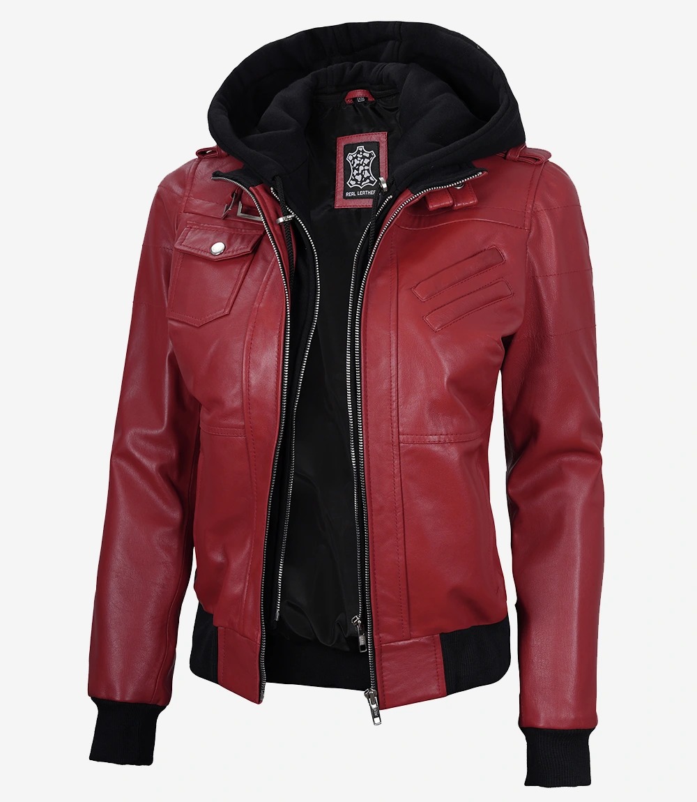 Womens Red Hooded Bomber Leather Jacket - Image 3