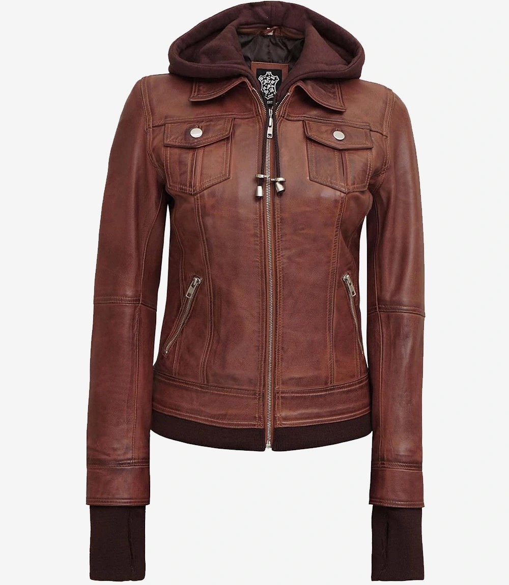 Tralee Women's Cognac Wax Bomber Leather Jacket With Removable Hood - Image 5