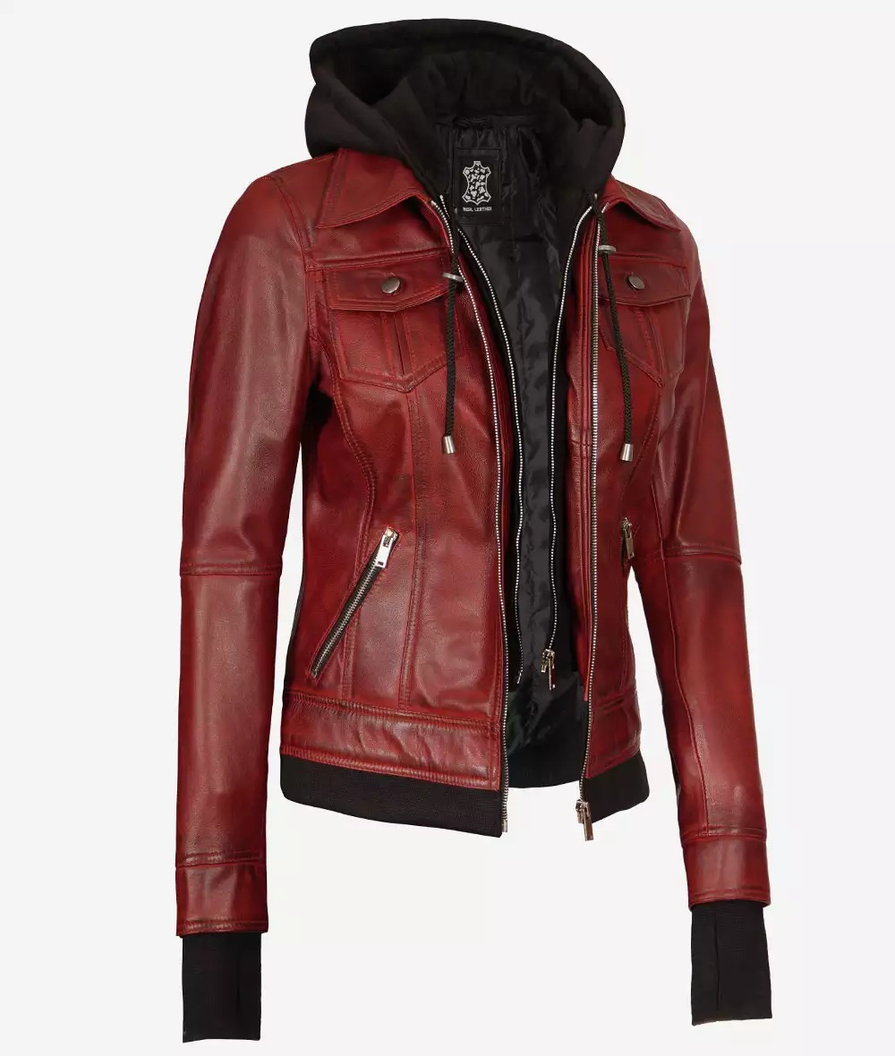 Womens Maroon Bomber Leather Jacket With Removable Hood - Image 6