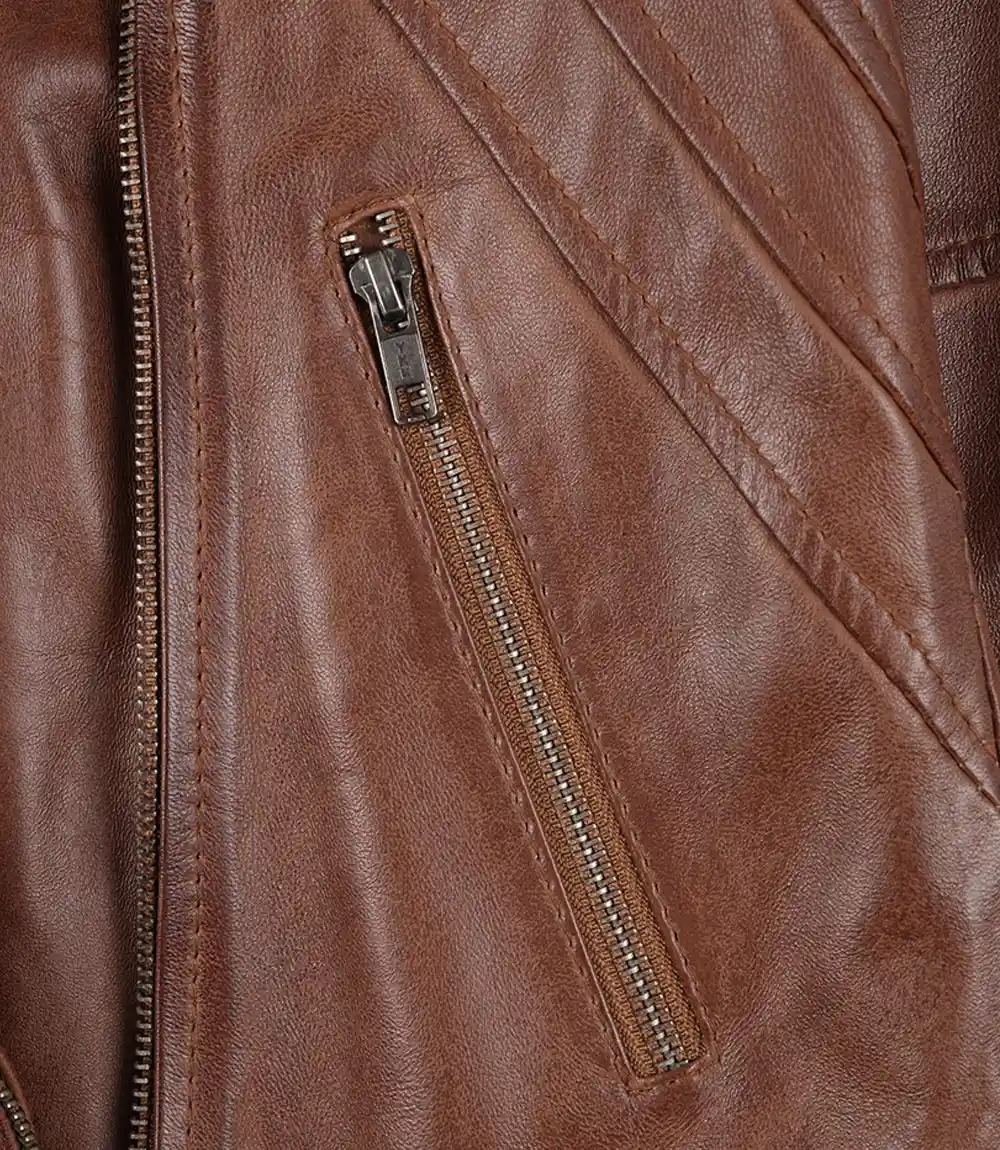 Womens Asymmetrical Brown Moto Leather Jacket with Hood - Image 6