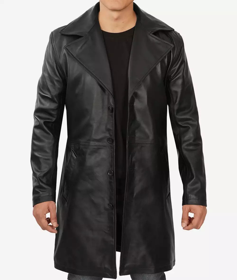 Men's 3/4 Length Black Lambskin Leather Coat - Image 4