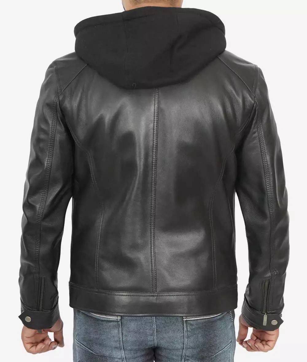 Men's Black Leather Jacket with Removable Hoodie - Image 8