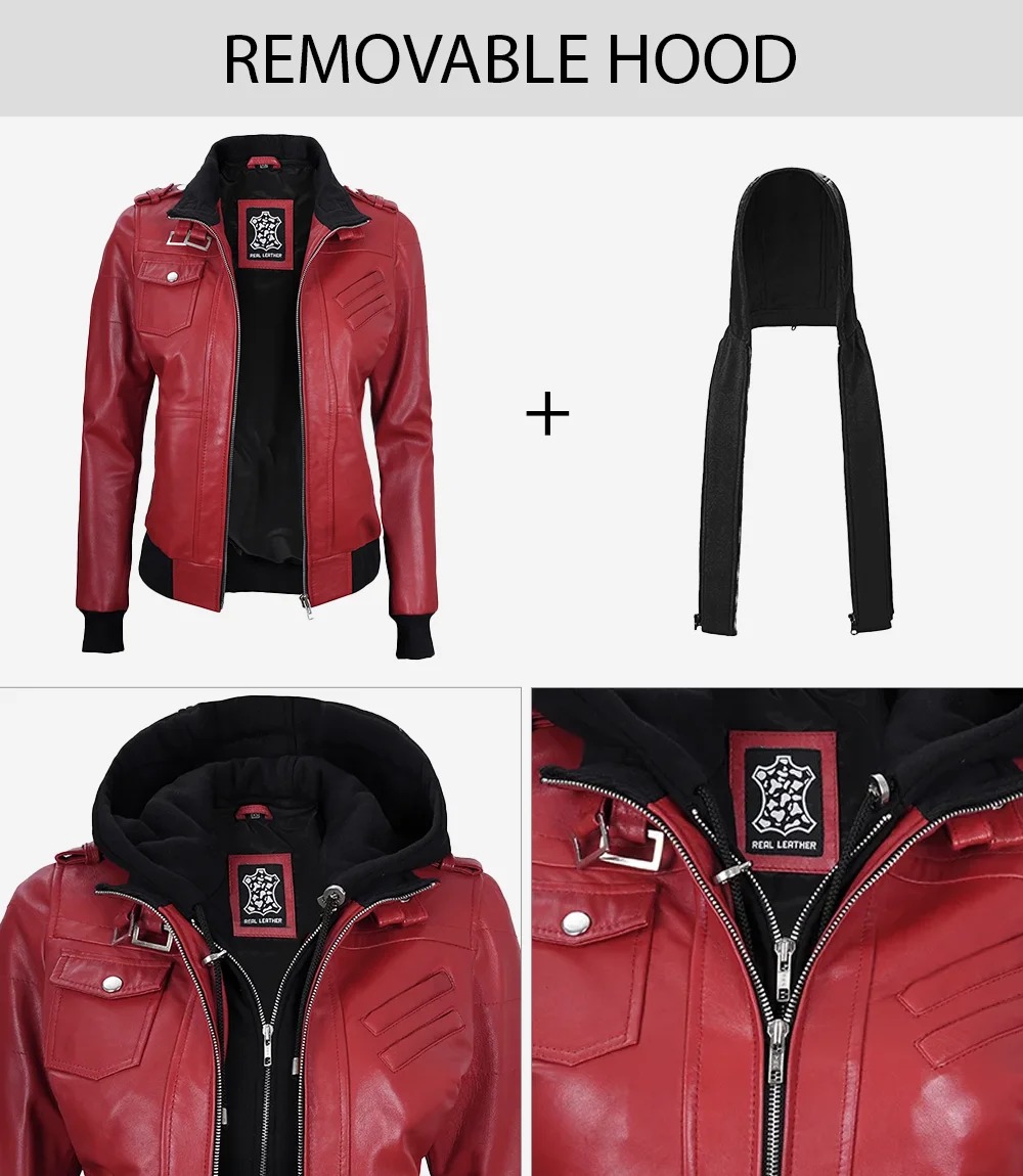 Womens Red Hooded Bomber Leather Jacket - Image 4