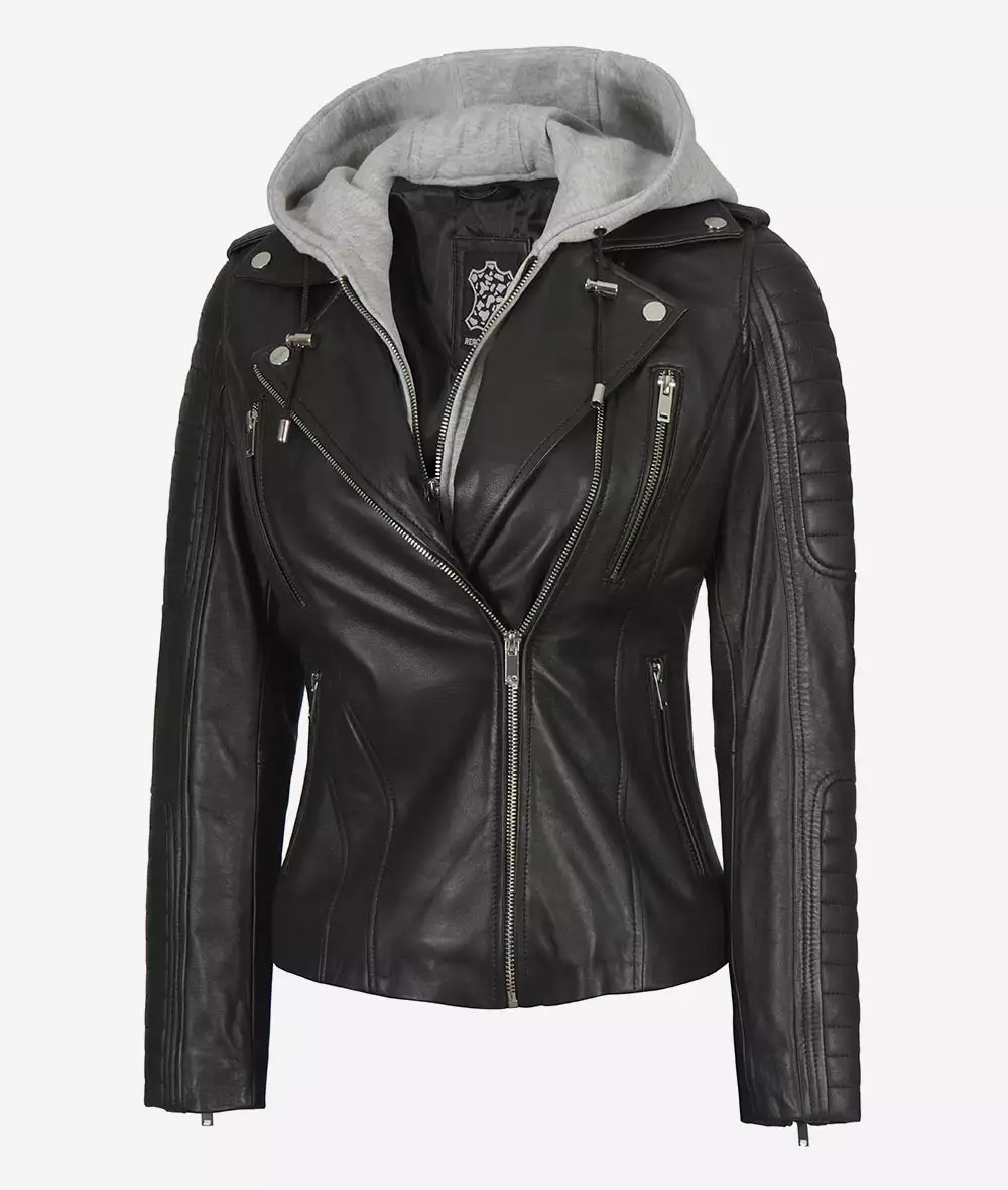 Womens Moto Black Leather Jacket with Hood - Image 5