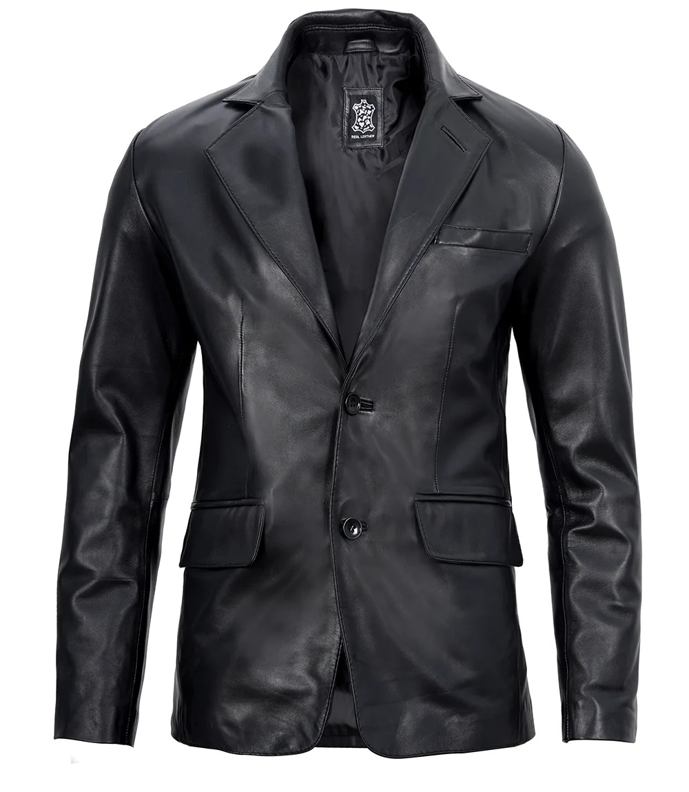 Mens Two Button Notch Lapel Black Leather Blazer - Image 5