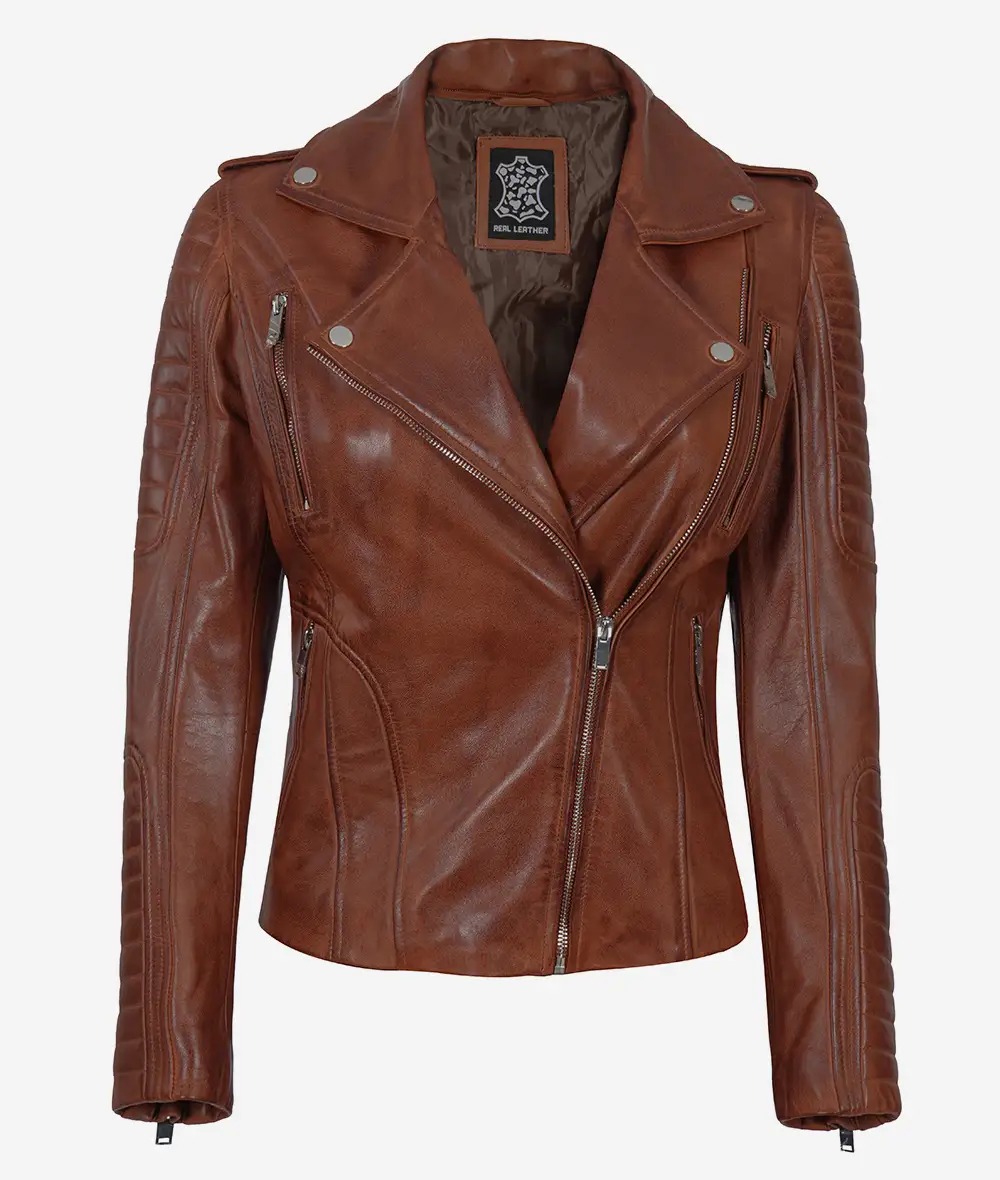 Women's Cognac Motorcycle Leather Jacket with Removable Hood - Image 5