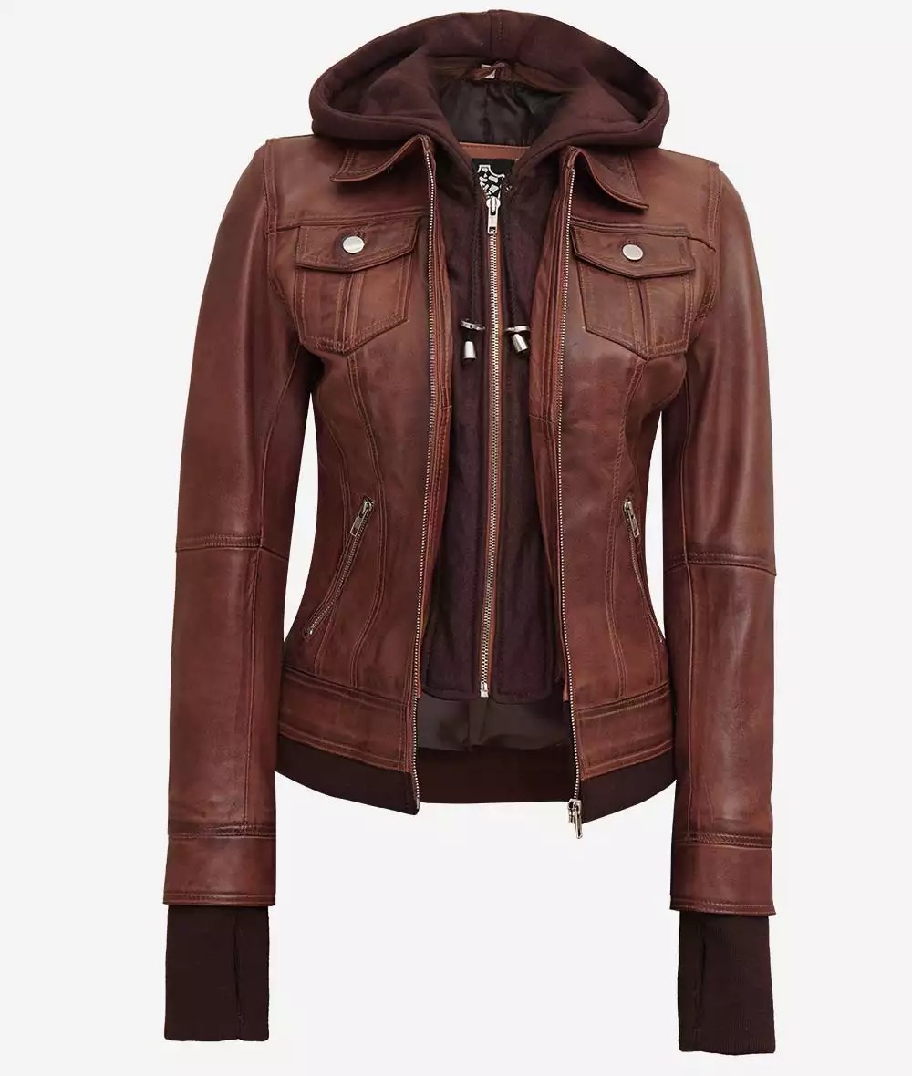 Tralee Women's Cognac Wax Bomber Leather Jacket With Removable Hood - Image 6