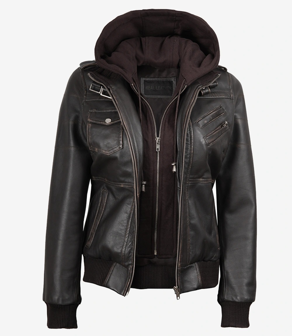 Womens Distressed Brown Hooded Bomber Leather Jacket - Image 5