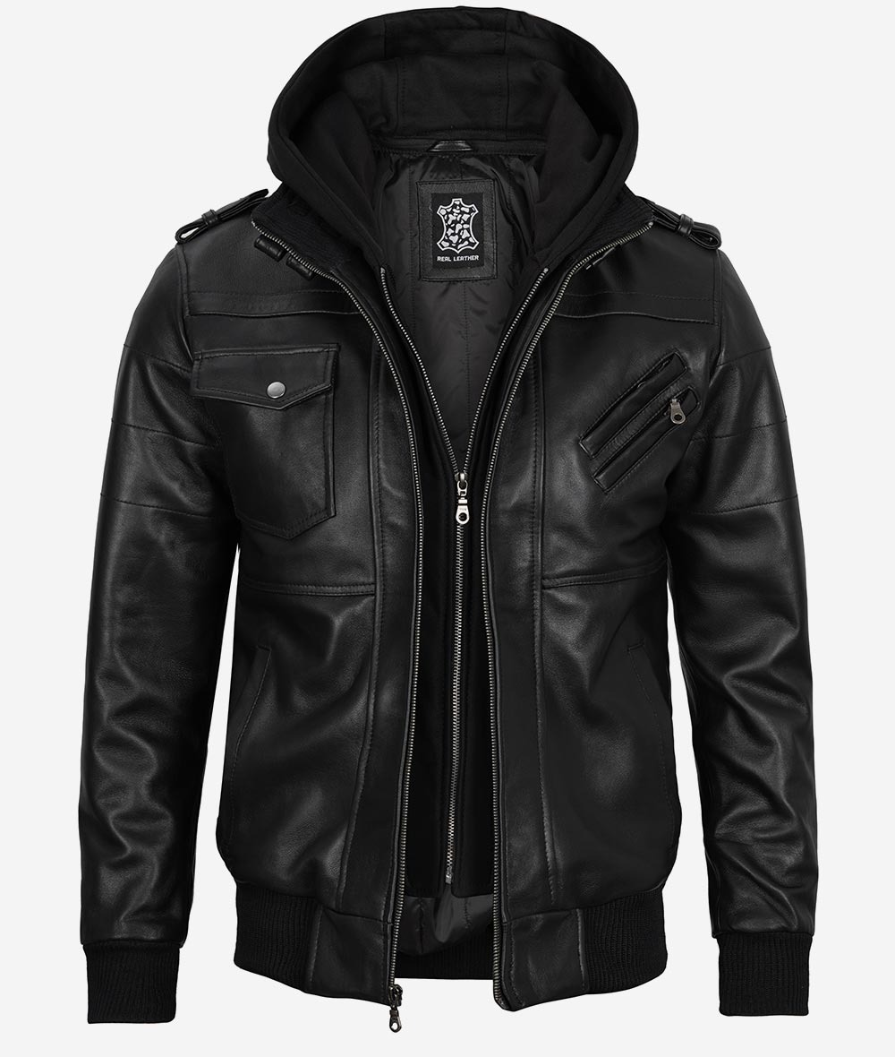 Mens Black Leather Bomber Jacket with Removable Hood - Image 4