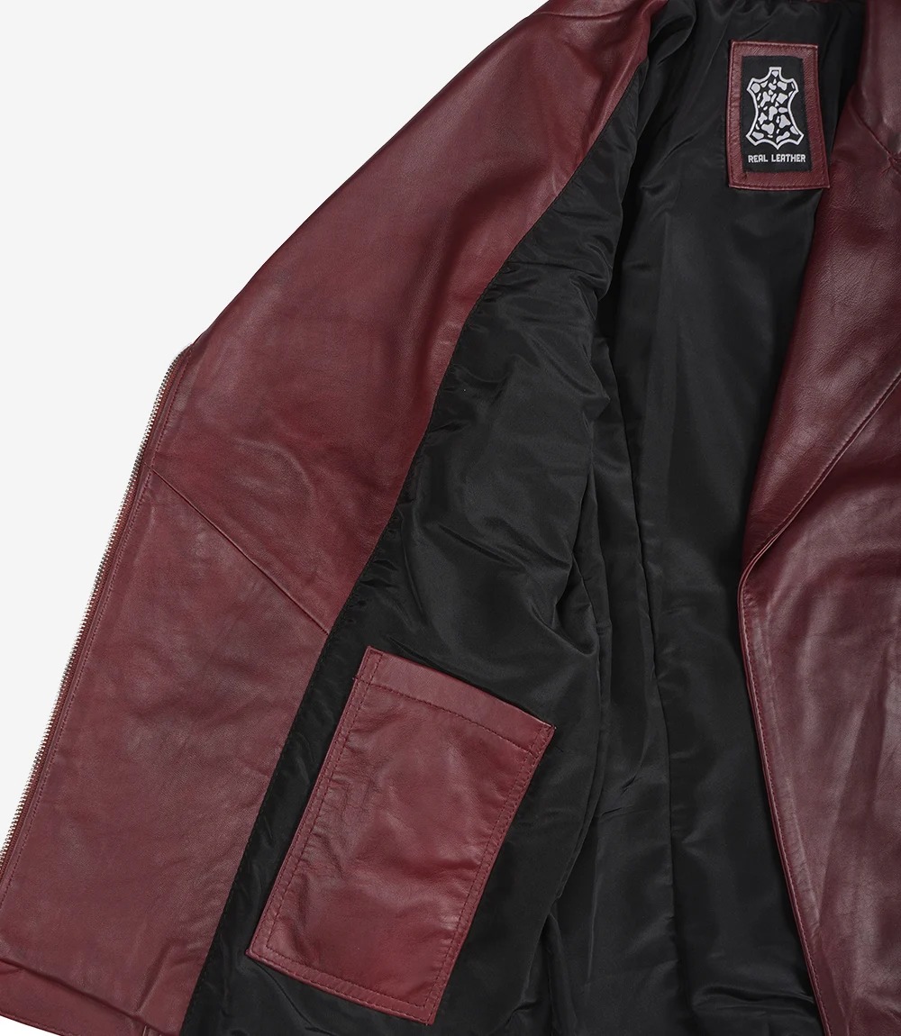 Women's Asymmetrical Maroon Belted Moto Leather Jacket - Image 5