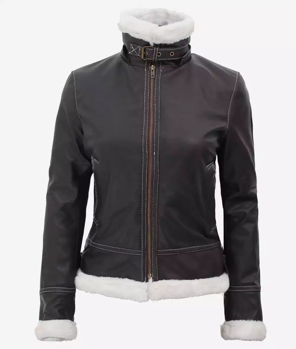 Women's Mary B3 Hooded Dark Brown Shearling Leather Jacket - Image 5