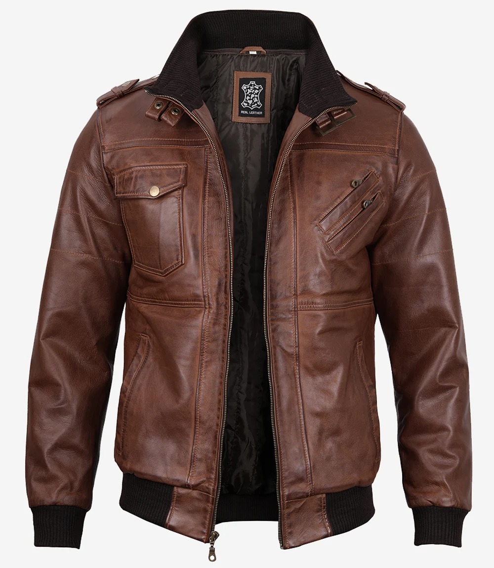 Mens Cognac Leather Bomber Jacket With Removable Hood - Image 7