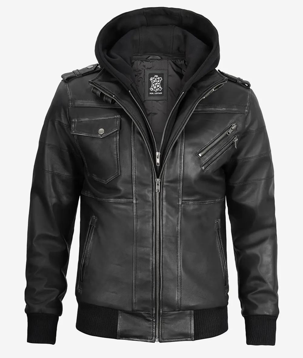 Edinburgh Men's Grey Leather Bomber Jacket With Removable Hood - Image 7