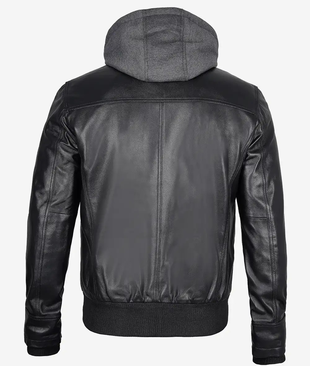 Men's Black Leather Bomber Jacket with Removable Hood - Image 7