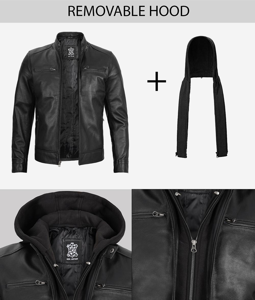 Men's Black Leather Jacket with Removable Hood - Image 7