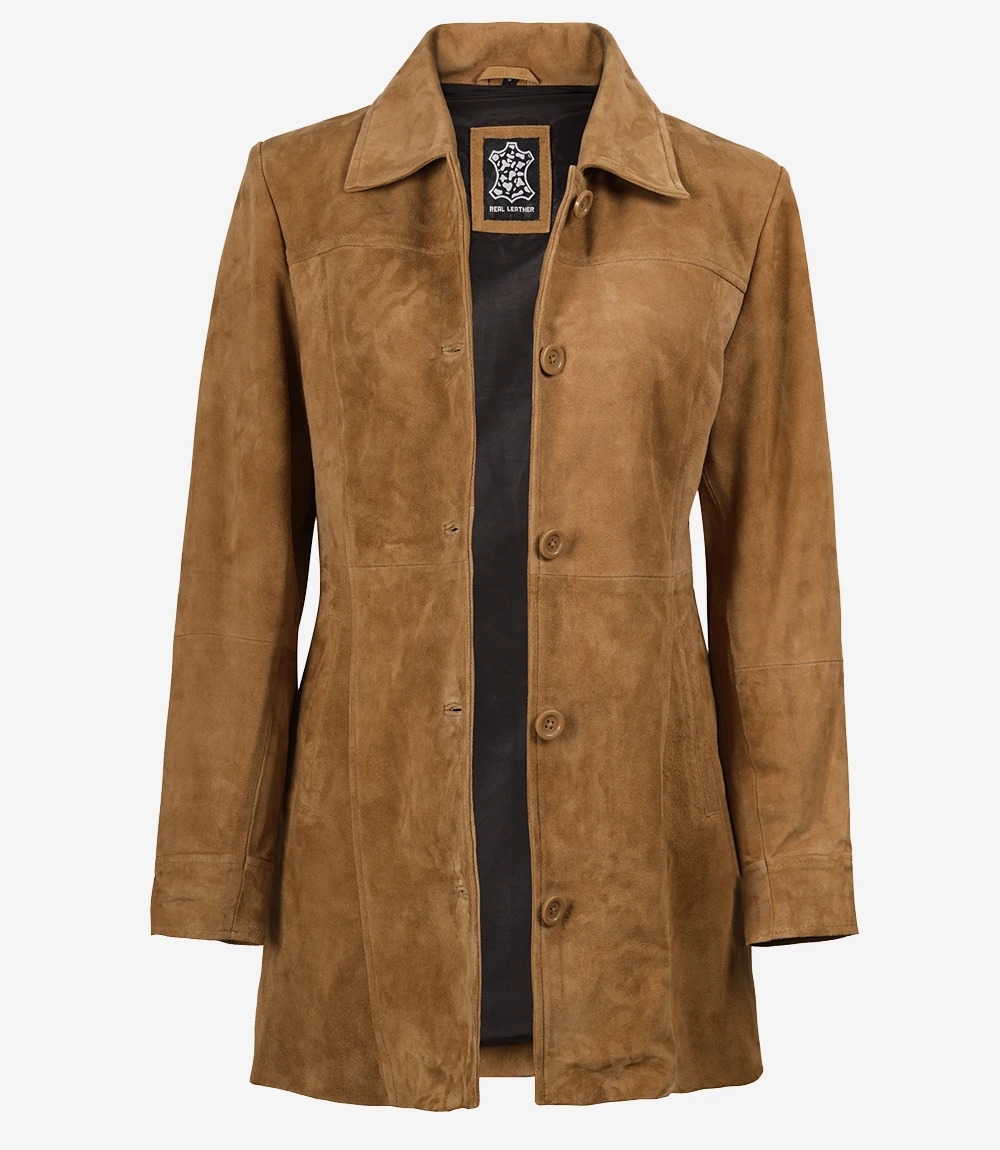 Women's 3/4 Length Button Down Brown Suede Coat - Image 3