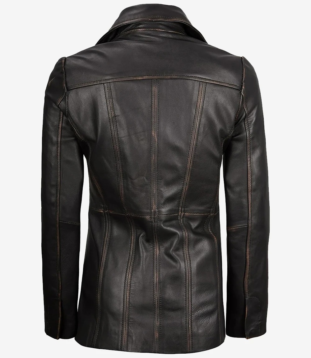 Women's Three Button Distressed Brown Leather Blazer - Image 6