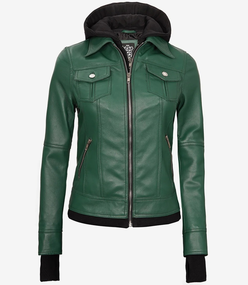 Womens Green Bomber Leather Jacket with Removable Hood - Image 6